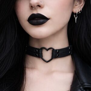 Black Gothic Heart O-Ring Choker Faux Leather Studded Punk Necklace